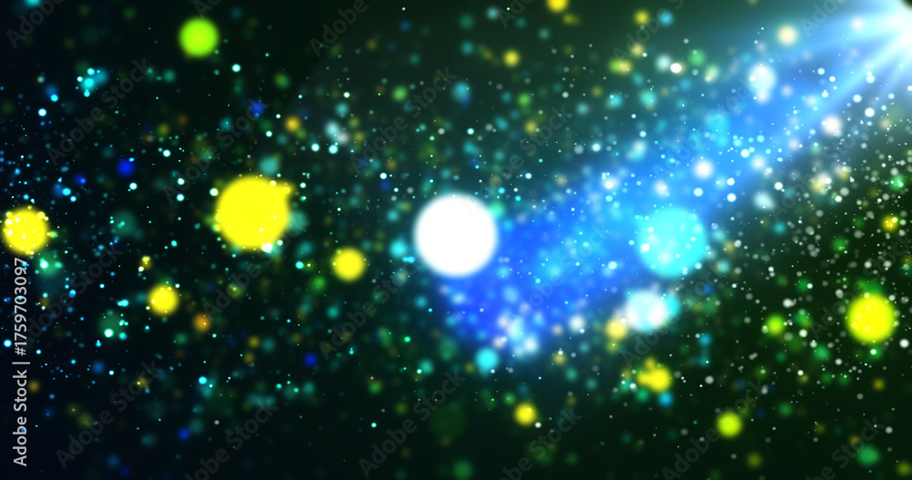 Obraz premium Bluish underwater like translucent AWARD SHOW SPOTLIGHT STAGE PODIUM DUST. Light rays falling shiny gold rain slowly moving particles. Shimmering empty dais for awards music theatre, and videos.