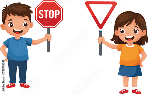 Cartoon children holding stop and yield traffic signs for road safety education, vector illustration for kids learning rules and awareness