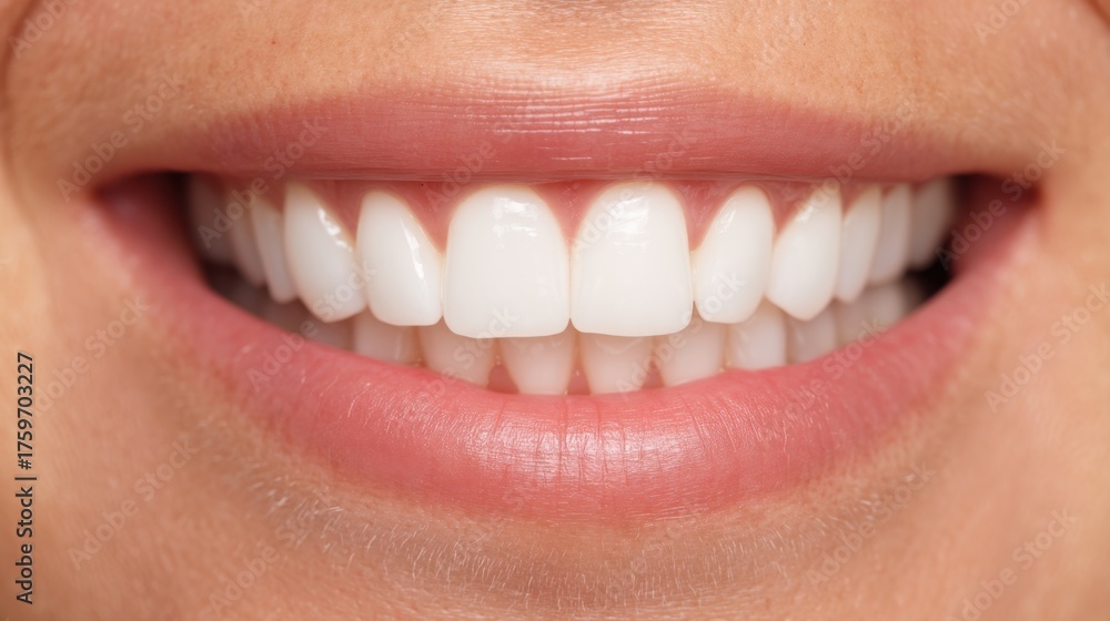 Fototapeta premium Close-up of a Healthy Smile with Bright White Teeth and Natural Lip Color, Showcasing Oral Hygiene and Dental Aesthetics