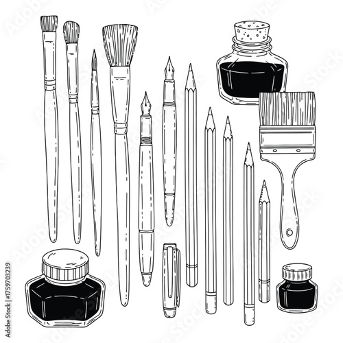 Collection of arts and crafts supplies ink bottles brushes and pencils for artistic creation