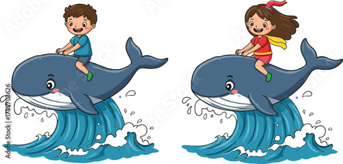 Cartoon children riding whales jumping from ocean waves, playful fantasy adventure, superhero girl, happy boy, marine life, imagination, childhood fun illustration
