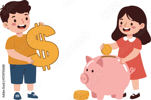 Cartoon children saving money with piggy bank, holding dollar sign, financial literacy, kids learning savings, cheerful educational finance vector illustration