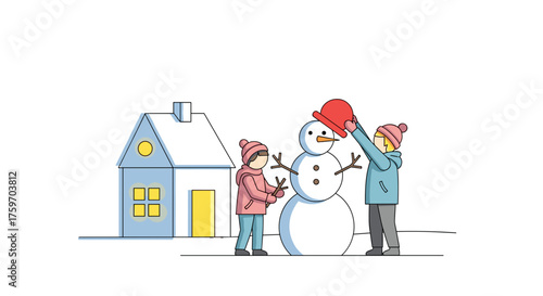 Children building cheerful snowman together outside winter cabin, vector family fun illustration