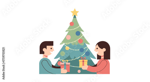 Delightful holiday scene of gift giving by Christmas tree, spreading festive cheer and joy