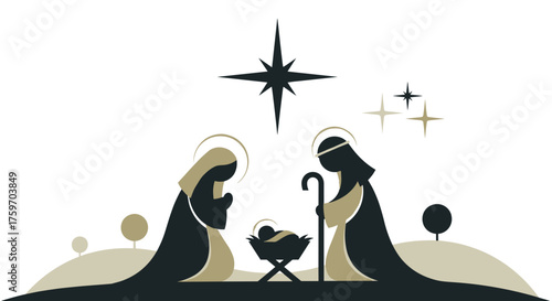 Elegant Nativity scene with star, Jesus, Mary, and Joseph for Christmas greetings