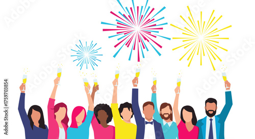 Diverse group celebrates with champagne toasts and fireworks at a joyous party event