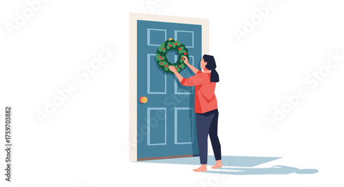Woman hanging festive Christmas wreath on door, holiday preparations and traditions home decor