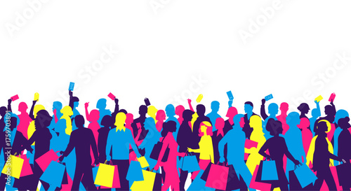 Vibrant crowd of shoppers with shopping bags, abstract shopping spree vector graphic
