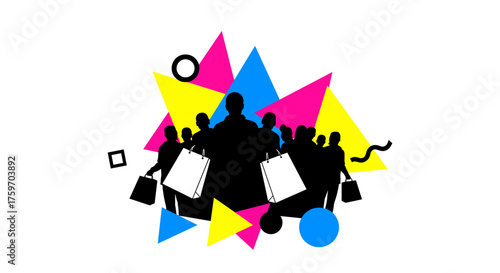 Excited shoppers with bags celebrate successful sales event with vibrant geometric shapes