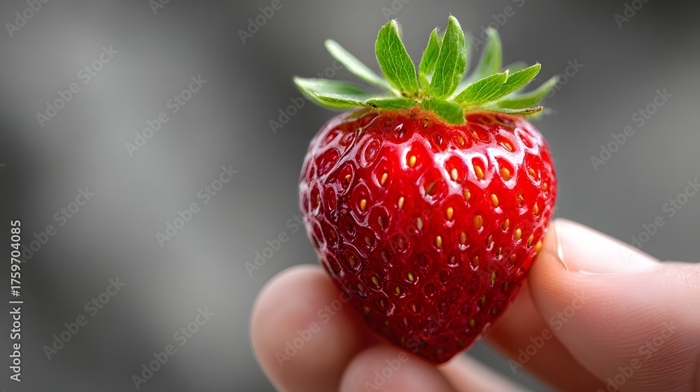 Obraz premium Hand holds a ripe red strawberry with green leaves against a blurred background.