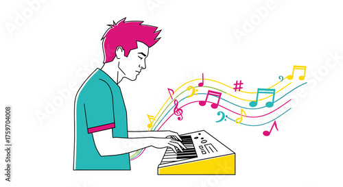 Dynamic keyboardist playing music with vibrant notes for creative arts and entertainment