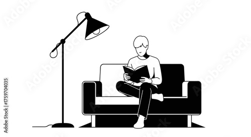 Man reading book under lamp on sofa, relaxing at home, cozy indoor scene, leisure time