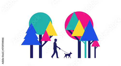 Stylized vector park scene with person walking dog, simple and modern graphic element