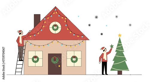 Festive holiday home decoration with Christmas lights and tree, joyous seasonal spirit