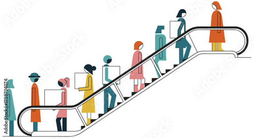 People riding escalator with boxes, diverse modern crowd moving up, simplified vector style art