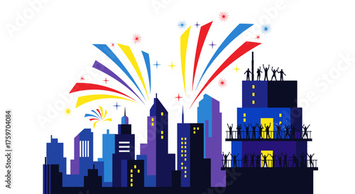 Exciting city skyline with fireworks exploding above tall buildings celebrating event