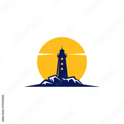 A dark blue lighthouse silhouette on a rocky cliff with a bright yellow sun and light beams behind it.