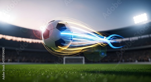 Soccer ball frozen in mid-air with motion trails, dynamic energy