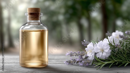 Bottle of essential oil beside fresh flowers in a natural setting