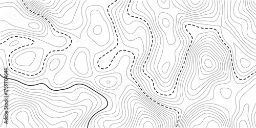 Topographic map background geographic line map with elevation assignments. Geographic mountain relief diagram line wave carve pattern 