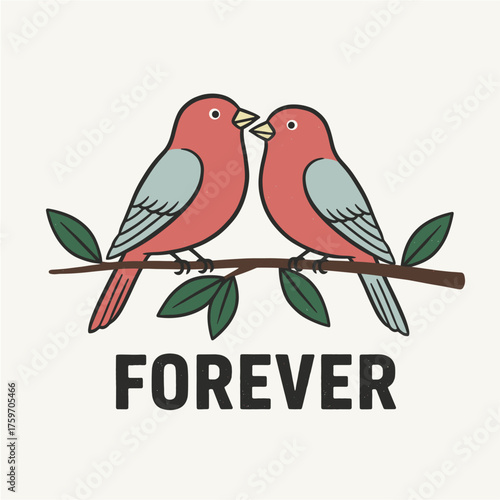 Cute Lovebirds on a Branch. Romantic Birds Kissing Art. Valentine's Day Couple. Hand Drawn Animal Sketch. Love and Nature Illustration.