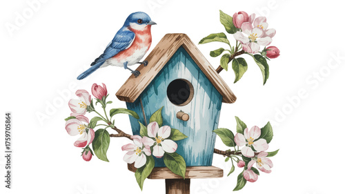 A watercolor illustration of a blue birdhouse with a triangular roof and a circular entrance hole, positioned in the center of the image 
