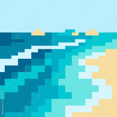 Pixelated ocean waves gently washing onto a sandy beach under a clear sky, a minimalist 8-bit digital art representation of a summer seaside