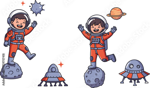 Cartoon vector illustration of children astronauts in orange space suits exploring planets with spacecraft, imagination, adventure, childhood, science, learning, and discovery