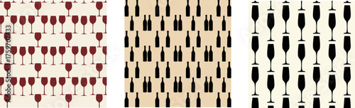 Seamless patterns of wine glasses and bottles, perfect for bar, restaurant, or vineyard branding and decor
