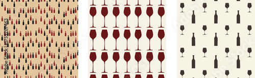 A versatile collection of three seamless patterns featuring elegant wine glasses and bottle silhouettes, perfect for creating sophisticated backgrounds and textiles