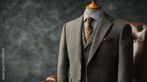 Impeccably tailored tweed suit ensemble with classic plaid tie and pocket square exudes timeless sophistication for discerning gentlemen.
