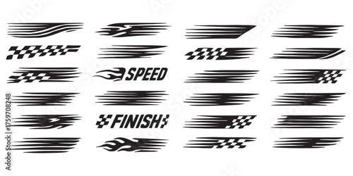 Racing cars and race car stripes set. Checkered flag, motocross labels, dynamic lines, motorsport, racing stripe speed, sport decals, tuning stickers