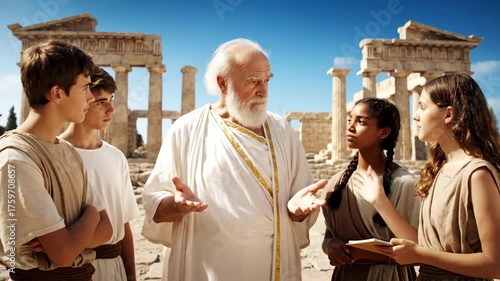 Ancient Scholar Teaching Youth about Philosophy in Historical Ruins