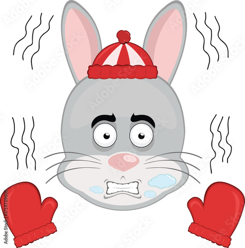 vector illustration emoticon character face rabbit rodent animal shivering cold, wearing gloves and a winter hat, with breath vapor in his mouth