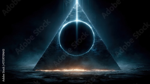 A glowing triangular structure with a circular void at its center, emanating light against a dark, misty background.