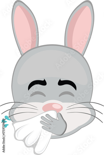 vector illustration emoticon character face rabbit rodent animal sneezing with a nose handkerchief