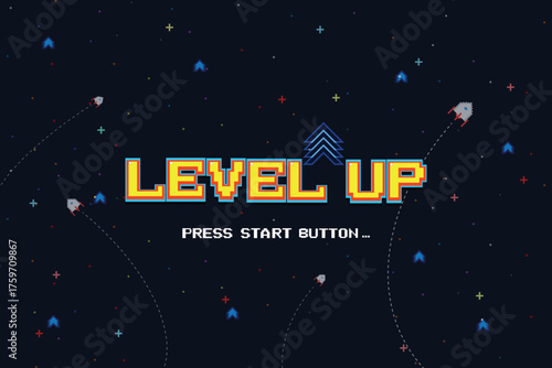 LEVEL UP. pixel art. 8-bit game. Retro Futurism Sci-Fi Background. glowing neon grid. and stars from vintage arcade computer games