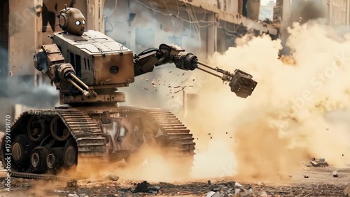 A robotic vehicle engages in action amidst a war-torn urban setting, creating chaos with its powerful movements and sparks flying. Ideal for dynamic technology themes.
