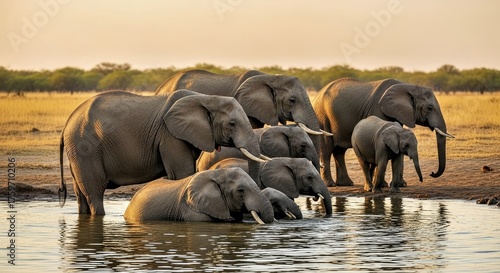 A herd of elephants bathing in a watering hole at golden hour