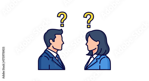 Business uncertainty man and woman with question marks representing career challenges and corporate dilemma used for business presentations
