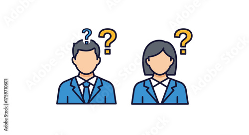 Confused business people with questions pondering solutions suitable for problem-solving articles and business strategy presentations.