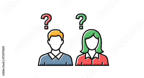 Confused people concept man and woman with question marks above representing uncertainty doubt and seeking answers in business and relationships.