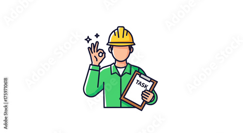 Construction worker confirming task completion with an ok gesture holding a clipboard outdoors symbolizing safety and project management success.
