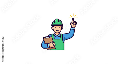 Construction worker with an idea holding clipboard with finger pointing up on white background illustrating safety and creative problem-solving.