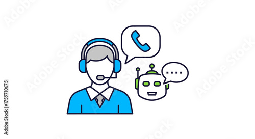 Customer service chatbot support A customer service agent and a friendly chatbot offering support communication for contact centers and tech blogs.