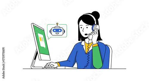 Customer service representative on call with chatbot providing assistance using tech for efficient solutions ideal for digital support articles.