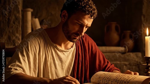 Thoughtful Scholar Writing Notes in Candlelit Ancient Study Room