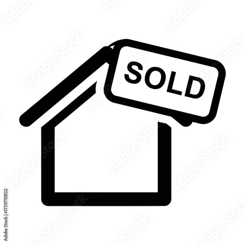 Minimalist House Outline Icon with Sold Sign on White Background