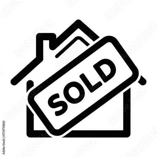 Black outline icon of a house with a tilted 'SOLD' sign