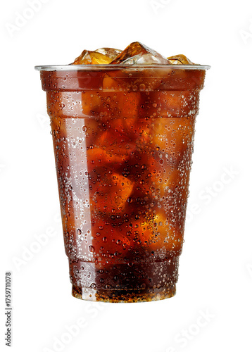 Iced cola in fogged disposable plastic cup isolated on white background